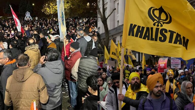 A large group of Hindu community members protesting in Brampton, Canada, holding Indian flags and signs, gathered outside a temple in response to an alleged Khalistani attack.