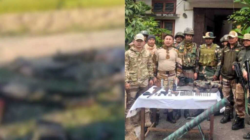 Security forces in Manipur’s Jiribam district during an operation after a violent gunfight with insurgents, showing a tense scene with armed personnel and damaged properties in the background.