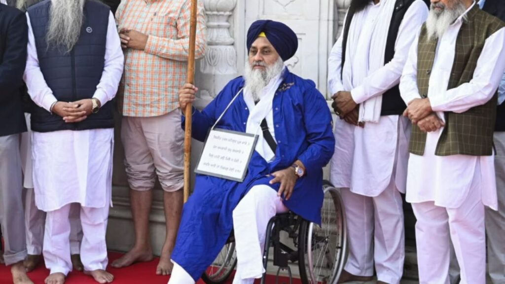 A tense moment outside the Golden Temple in Amritsar as Shiromani Akali Dal leader Sukhbir Singh Badal, seated in a wheelchair, performs penance amidst a security breach involving an attempted shooting.